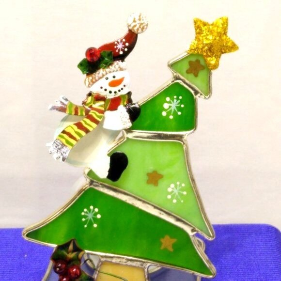 Stained Glass Snowman Climbing Christmas Tree Votive Holder Silver Plate Vintage - Picture 3 of 10